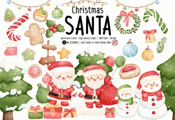 Watercolor Christmas Santa Claus Clipart