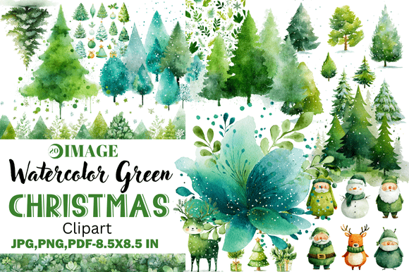 Watercolor Green Christmas Clipart